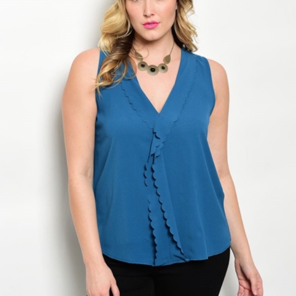 ❤️1X PLUS SIZE Blue Ruffle Tank - Picture 2 of 5